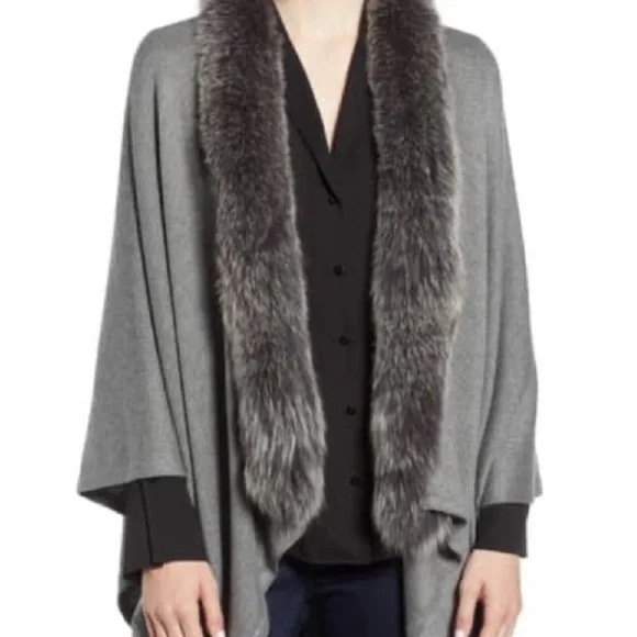 La Fiorentina Genuine Fox Trim Wool Wrap Gray One Size - Picture 2 of 12